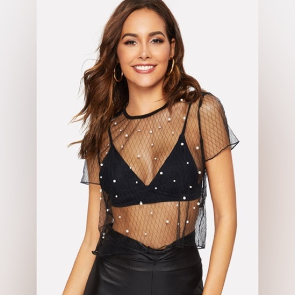 SHEIN Tops - SHEIN Pearl Black Sheer Mesh Top